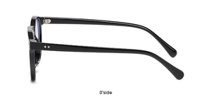 Side view detail of black round glasses frame with silver metal rivets and hinges