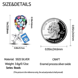 S925 silver travel charm size 25.8mm with hot air balloon and passport details