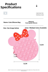 Pink silicone mouse-style pop-it purse with red bow detailing and dimensions shown
