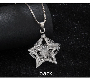 Detailed back view of silver pentagram and hollow spider necklace with high quality finish