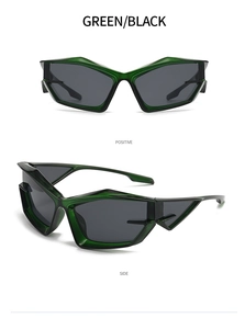 Detailed front and side view of Y2K futuristic green geometric sunglasses with black lenses