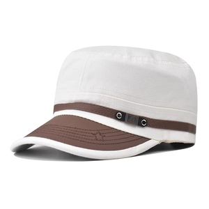 Close-up of the stylish white and brown cotton flat-top military cap with rivets