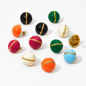 Minimalist colorful enamel ball stud earrings with gold gear detail in various colors