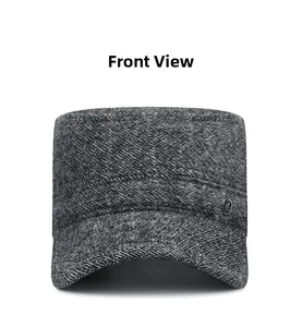 Front view of heather grey cadet cap for men with woolen texture and metal badge