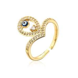 18K gold plated evil eye open ring with cubic zirconia and blue enamel detail