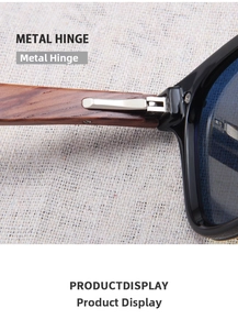 Detail of premium metal hinge and natural wood grain temple on bamboo sunglasses