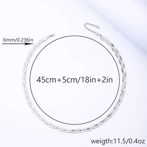 Three-layer braided stainless steel snake chain necklace in silver finish with dimensions