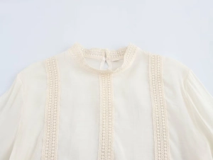 Detail of elegant cream lace trim and back button closure on the chiffon stand collar blouse