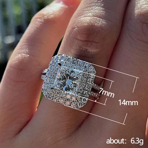 Platinum plated double halo square zircon ring featuring micro-pave crystals for women