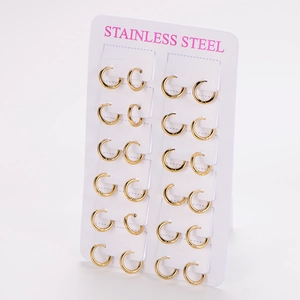 Set of 6 pairs golden 18K gold plated stainless steel hoop earrings on display card