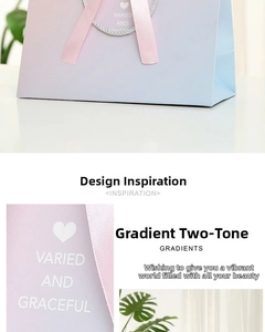 Detail of purple gradient paper gift bag featuring silk handles and heart logo print