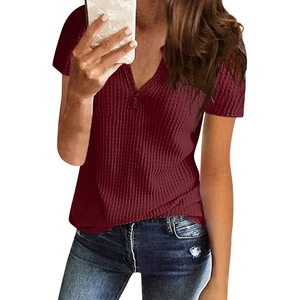 Close-up of burgundy waffle knit texture on this V-neck short sleeve casual plus size top