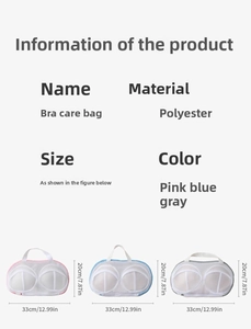 Detailed size specifications for mesh bra laundry bags in pink, blue, and grey options