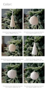 Detailed grid of white fabric Christmas tree ornaments in tree and ball shapes