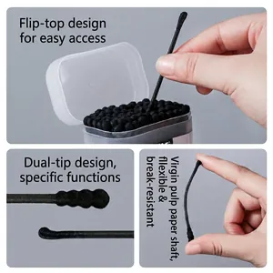 2-in-1 black cotton swabs with spiral tips and paper sticks in a clear flip-top box