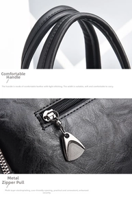 Detail of soft leather handle with neat stitching and premium metal droplet zipper puller