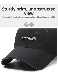 Detail of breathable mesh fabric and sports patch on black baseball cap with curved brim