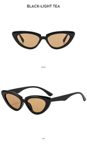 Front and side view of cat eye sunglasses with black frames and light tea lenses
