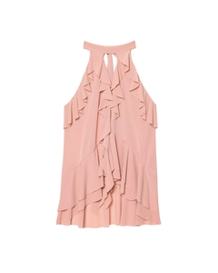 Detail view of pink sleeveless halter top featuring layered ruffles and crepe texture