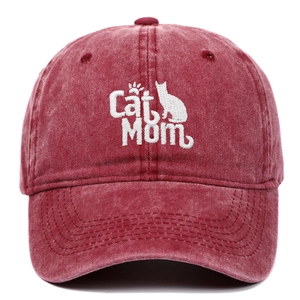 Distressed burgundy cotton baseball cap with white Cat Mom embroidery and cat silhouette