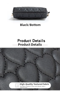 Detail view of the black crossbody bag bottom and heart-quilted texture of the fabric