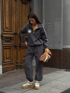 Survêtement En Coton Pour Femmes Sweat À Demi-Zippé Et Pantalon De Jogging À Taille Haute Gris Foncé