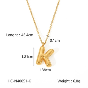 Detailed size specifications for the gold bubbly letter K stainless steel pendant necklace