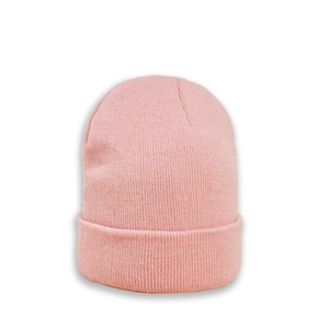 Close-up of pink ribbed knit cat beanie featuring soft acrylic fabric and fold-over cuff