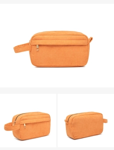 Three views of an orange corduroy cosmetic bag with a handle on a white background
