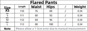 Detailed size chart for flare trousers showing length, waist, and hip measurements in cm