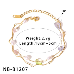 Handmade stainless steel double-layer bracelet with natural pearls and colorful gemstones