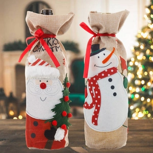 Christmas burlap wine bottle covers with embroidered Santa and snowman designs