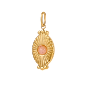 Detail shot of vintage gold sunburst pendant with a round pink natural gemstone center