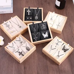 Jewelry Display Tray Bamboo Wood Organizer For Necklace Ring Earring Countertop Showcase Storage PU Leather Velvet Lining