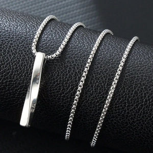 Minimalist silver stainless steel spiral long bar pendant necklace with box chain