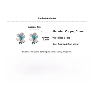Detail view of flower earrings with blue stone beads and dimensions 2.5cm by 2.0cm