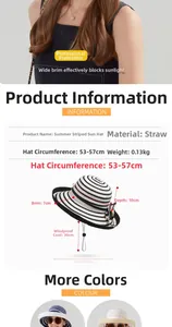Detailed size specifications for striped summer straw sun hat with windproof rope