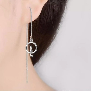 S925 sterling silver cat and moon long threader earrings for women on model