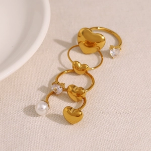 Adjustable gold stainless steel ring set with zircon heart and white pearls for women