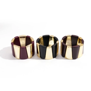 Fashion acrylic geometric patchwork elastic bracelet with vintage gold metal accents