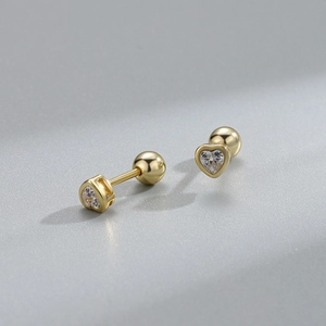 Minimalist S925 sterling silver gold heart stud earrings with clear zircon stones
