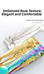 Close-up of embossed rose pattern on stainless steel ice tongs in gold, silver, and rainbow