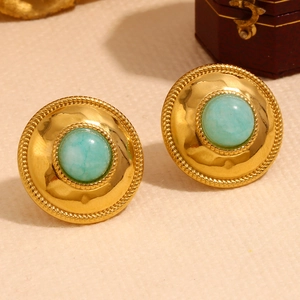 Macro shot of 18K gold plated round earring with turquoise stone and rope texture detail