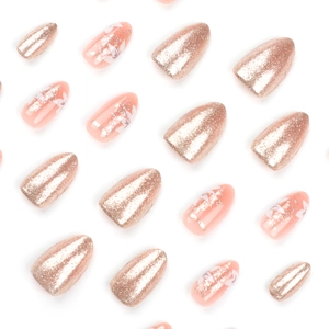 Almond-shaped press-on nails featuring rose gold glitter and white floral designs
