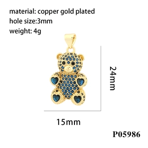 3D gold bear pendant with sparkling blue zircons for DIY jewelry making