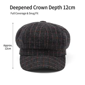 Plaid wool newsboy cap in dark grey and brown check with a deep 12cm octagonal crown