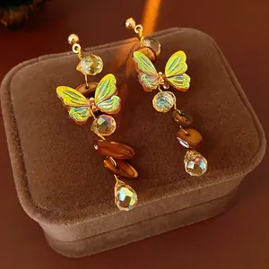 Vintage Butterfly Long Tassel Dangle Earrings With Shell And Copper Colorful Glass Beads Silver Earring Post For Women