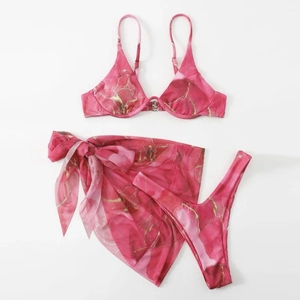 Three-piece bikini set with pink marble print including wire top, bottom and mesh sarong