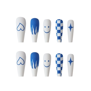 Blue and white press-on nails set featuring checkerboard, heart and star patterns