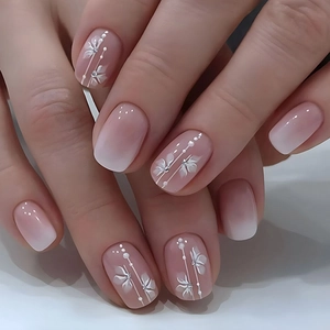 Pink White Gradient Ombre Press On Nails Hand Painted Flowers Rhinestone ABS Elegant Sweet Fake Nails For Women